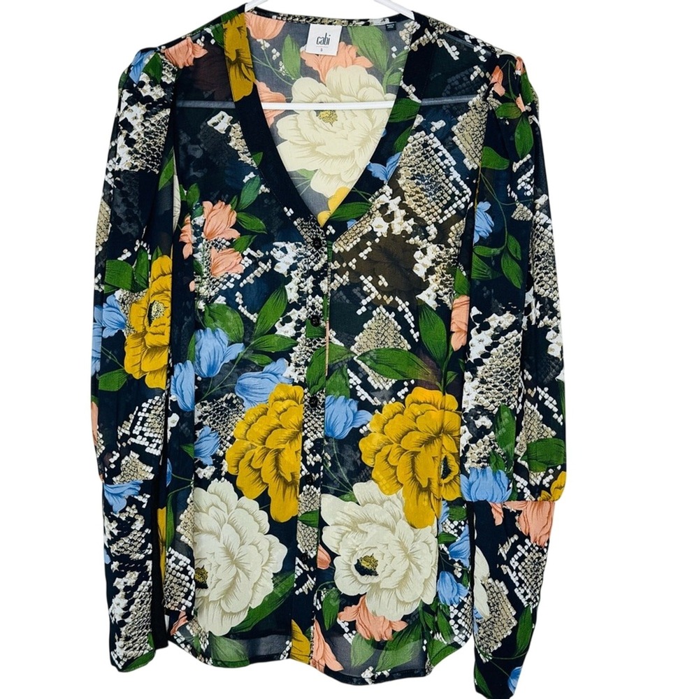 Cabi Women V Neck Floral Blouse Snake Charmer Puff Sleeve Multi Print Maximalist